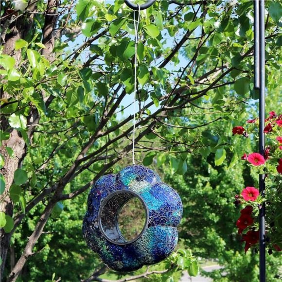 Indigo Flower 9-Inch Round Fly-Through Bird Feeder - Crackled Glass Design - Picture 2 of 6